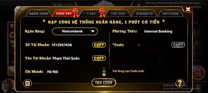Nạp tiền Go88 bằng Code pay