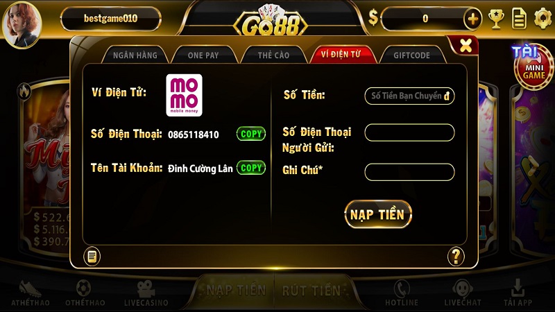 Nạp tiền Go88 bằng ví điện tử Momo